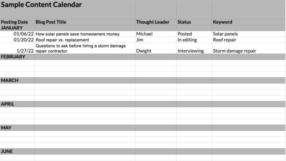 Sample Content Calendar